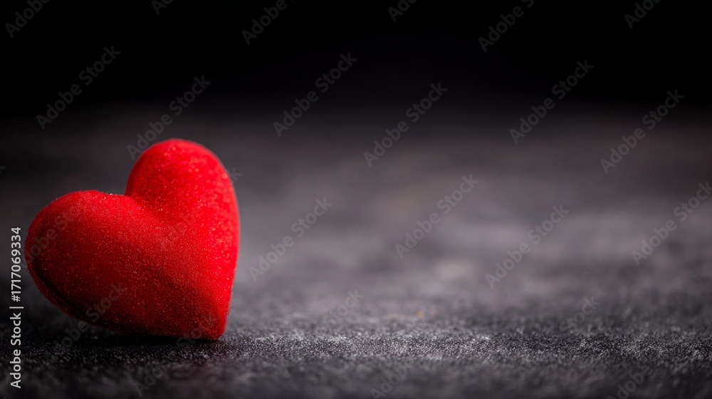 Fototapeta premium A red heart-shaped object resting on a dark textured surface with soft lighting and shallow depth of field.