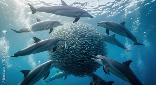Dolphins encircle a massive school of small fish in clear ocean water some catching prey Sunlight filters through the surface