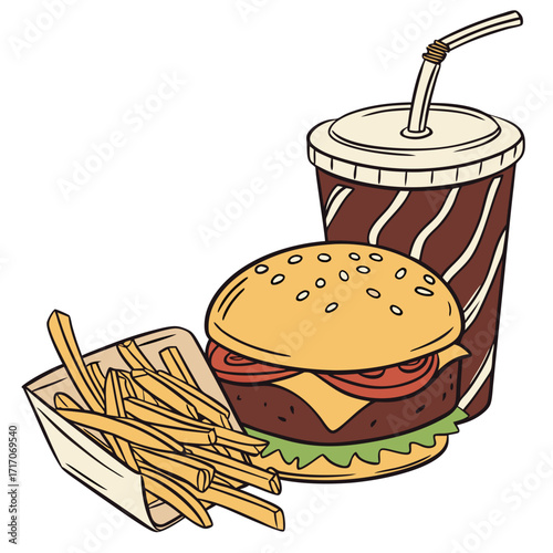 Fast food burger fries and soda with straw on white Keywords: fast food, burger, hamburger