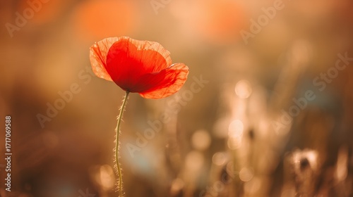 A single red poppy flower in a field during golden hour, with a soft blurred background.