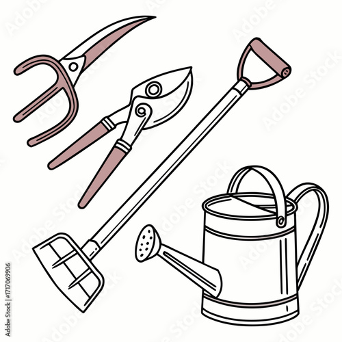 Garden Pruning Shears and Watering Can Illustration