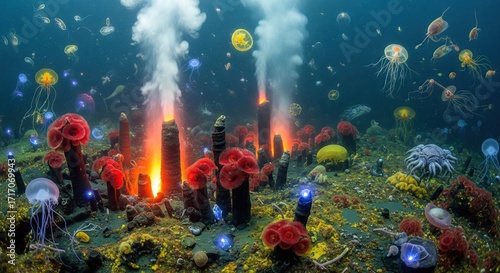 Deepsea hydrothermal vent ecosystem Jellyfish float above red tube worms glowing organisms and steaming vents