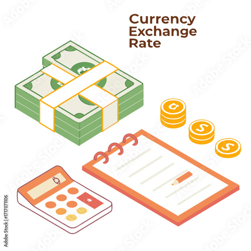 Isometric currency exchange rate calculation with money and calculator
