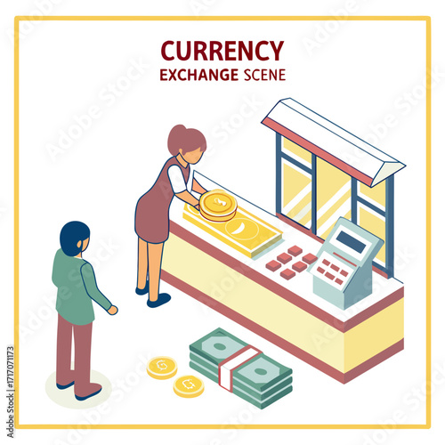 Isometric currency exchange scene with people and money