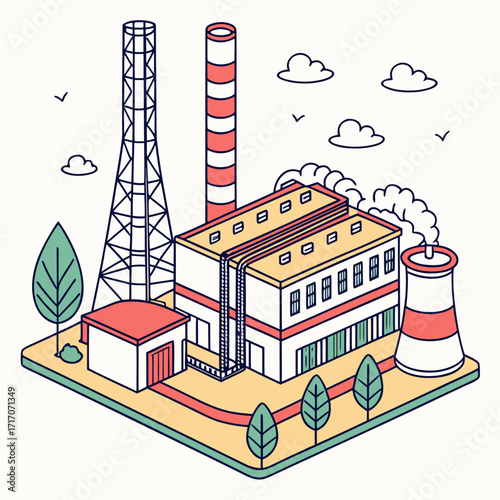 Isometric illustration of a factory with smokestacks and cooling tower Keywords: factory