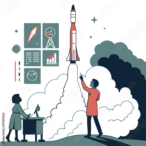 Scientists orchestrate rocket launch with data displays, achieving ambitious goals and reaching for the stars.