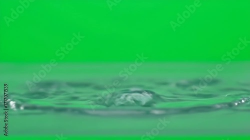 A slow-motion depiction of a delicate water ripple quickly transforming into a gentle splash, isolated on green screen design, ripple, clean