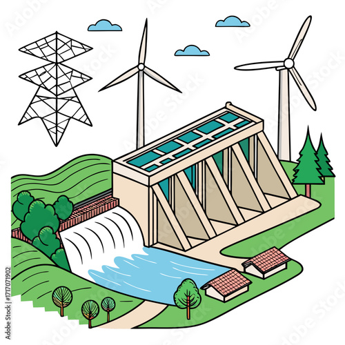 Isometric view of hydroelectric dam and wind turbines