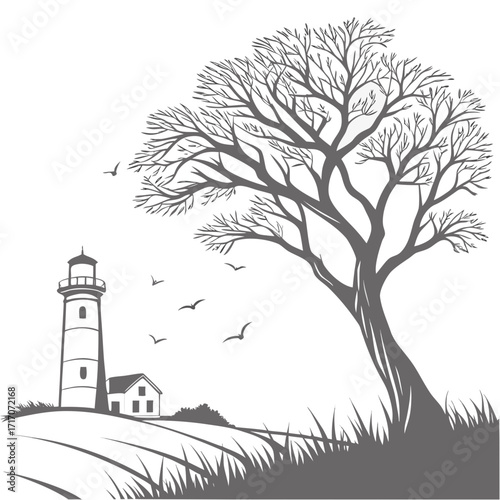 Lighthouse and Bare Tree on Grassy Hillside with Birds