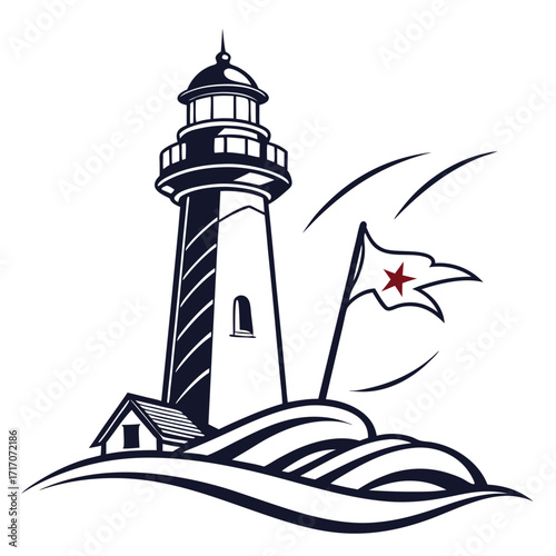 Lighthouse With A Flag On A Hill Keywords: lighthouse, flag, beacon, sea, ocean, coast