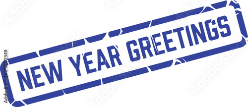 Rubber stamp with blue ink showcases the text New Year Greetings perfectly on white