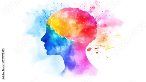 Wallpaper Mural Thoughtful woman with brain and watercolor splatters, creative mood Torontodigital.ca