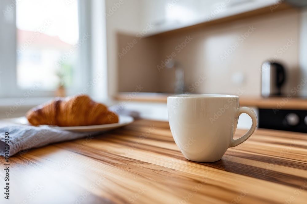© oksa_studio - White mug and croissant resting on wooden kitchen table by the window in a modern and bright apartment © oksa_studio - White mug and croissant resting on wooden kitchen table by the window in a modern and bright apartment