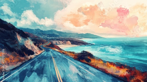 Winding coastal highway with ocean view and distant mountains