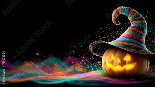 A carved halloween pumpkin wearing a colorful knitted witch hat, with magical sparkles and smoke swirling around it