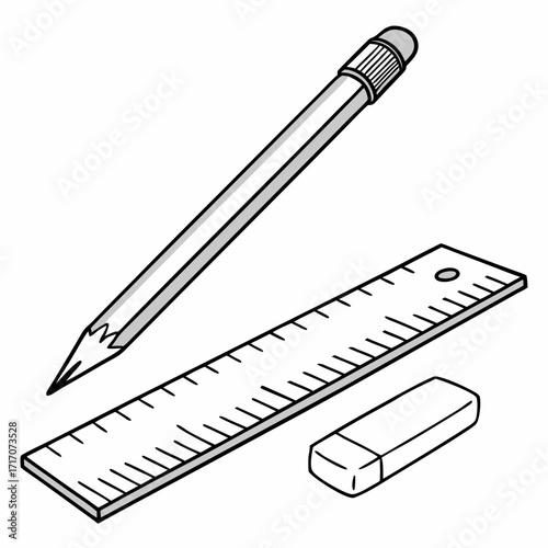 Pencil ruler and eraser on white background graphite