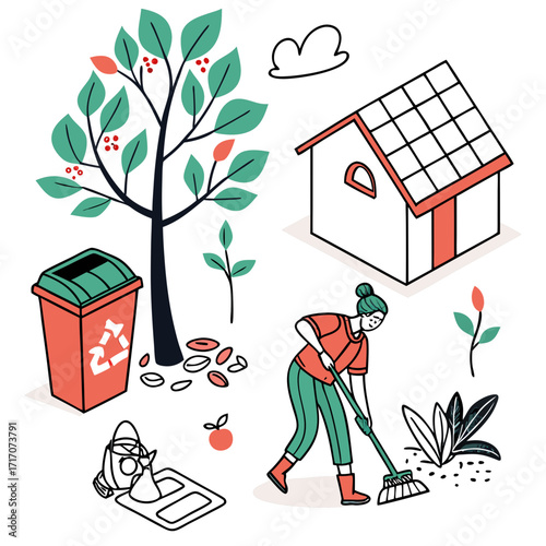 Person raking leaves near a recycling bin and tree
