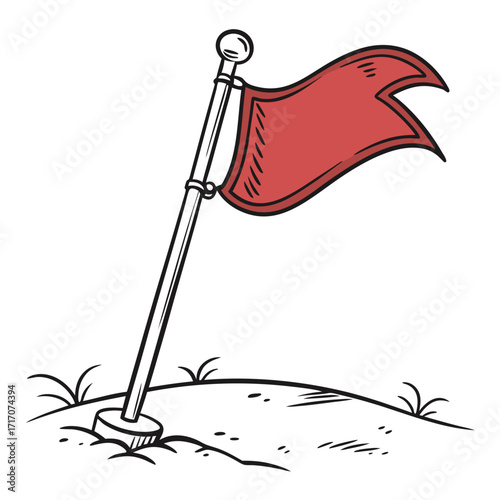Red flag on a pole planted in the ground grass
