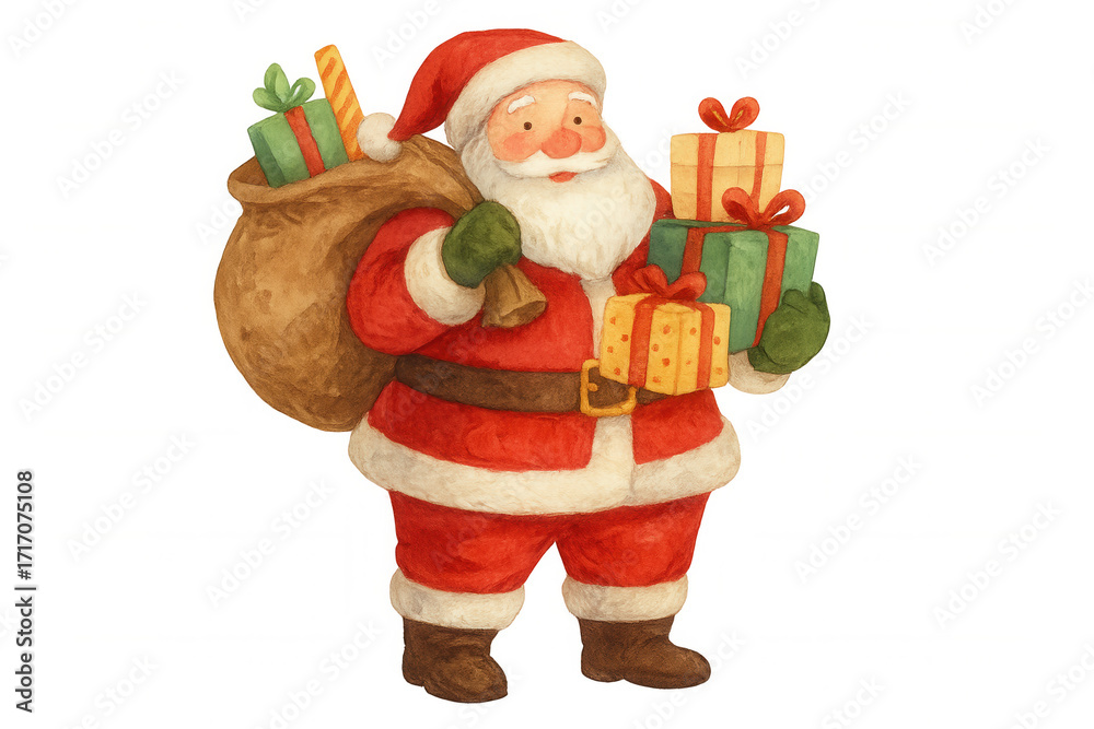 Obraz premium Santa claus watercolor illustration carrying gift boxes and a sack of presents, festive holiday character on transparent background