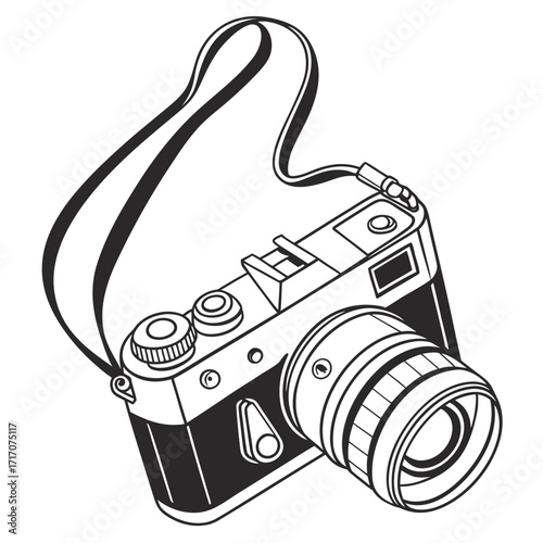 Retro film camera with black strap line art illustration