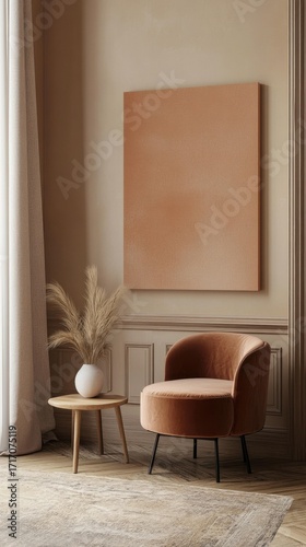 Minimalist living room with armchair and dried flowers