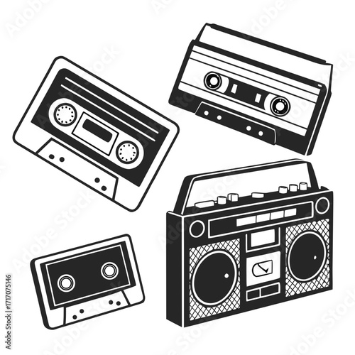 Retro Boombox and Multiple Cassette Tapes audio music