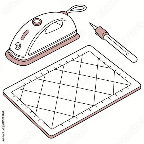 Sewing tools iron cutting mat and craft knife Keywords: sewing, iron, cutting mat, craft knife