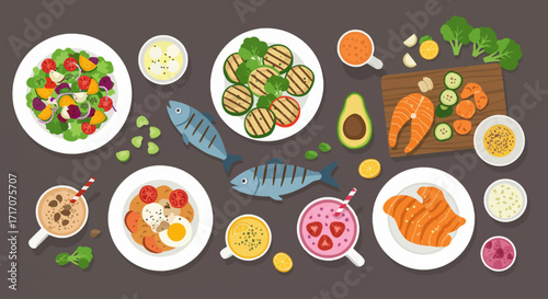 Flat Vector flat design of healthy food meals, salad, grilled vegetables, fruits, fish, and smoothie bowls, colorful minimal style, top view illustration