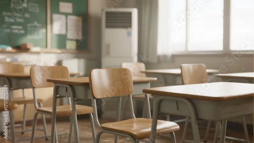 Empty classroom with wooden desks and chairs, chalkboard, and windows letting in natural light