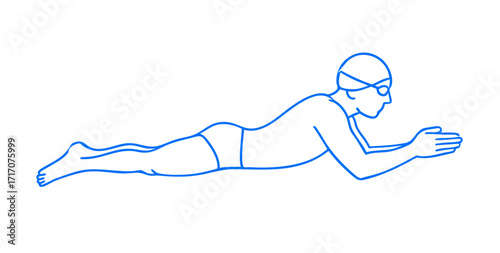 Minimalist black and white line art illustration of an advanced swimmer in streamlined breaststroke position, body fully stretched after kick and efficient glide,