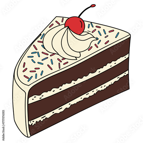 Slice of Chocolate Cake with Whipped Cream and Cherry Keywords: cake, chocolate, dessert, sweet