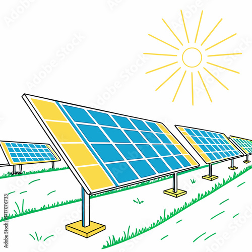 Solar panels in a field under a bright sun renewable energy