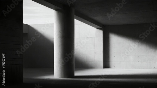 Minimalist concrete interior with columns and dramatic shadow play