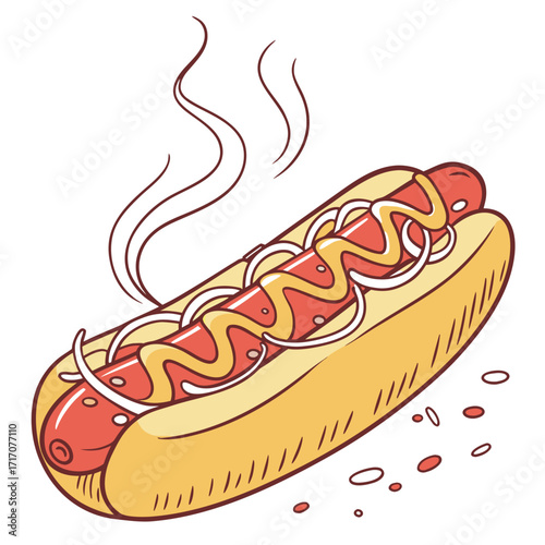 Steaming Hot Dog with Mustard and Onions sausage