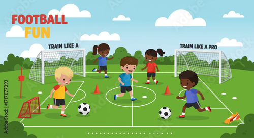 Vector illustration of children playing football outdoors, fun colorful flat design, soccer field with goalpost