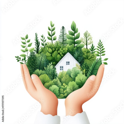 Hands Holding a House Surrounded by Green Plants and Natural Elements