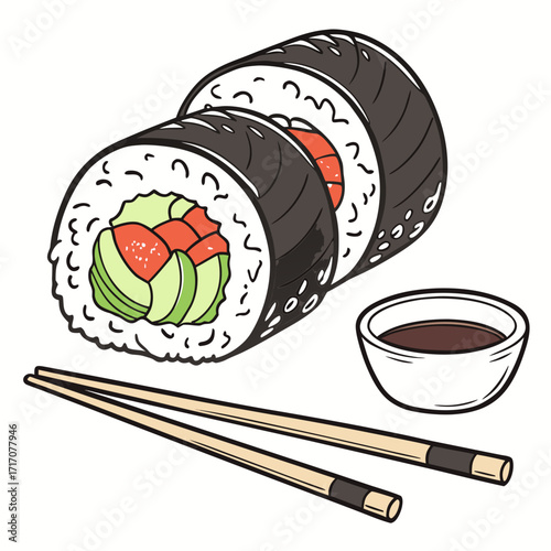 Sushi rolls with chopsticks and soy sauce on white background Keywords: sushi, maki, roll