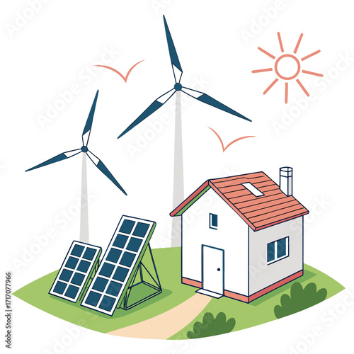 Sustainable Home with Solar Panels and Wind Turbines Keywords: sustainable home, house, solar