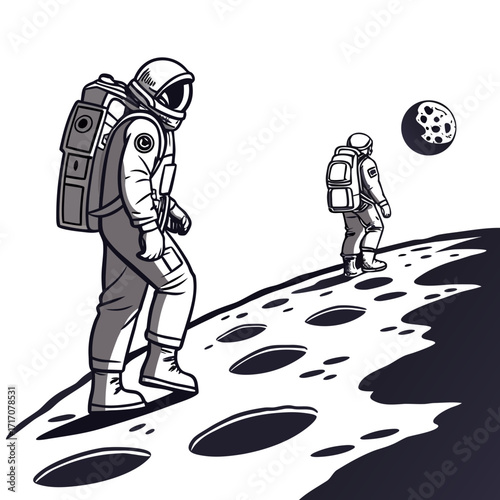 Two astronauts walking on moon surface with planet