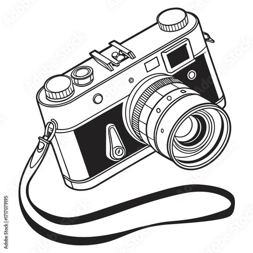 Vintage Camera with Lens and Strap on White Background