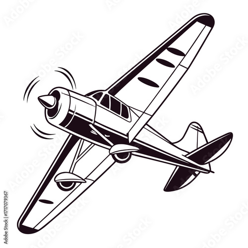 Vintage propeller airplane in flight outline illustration