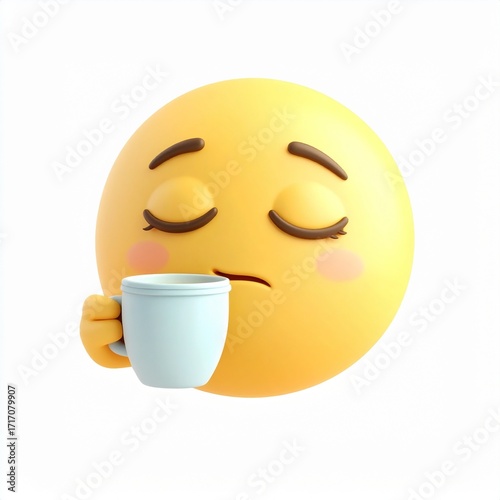 Adorably sleepy emoji sipping a hot morning drink, feeling the need for a caffeine boost