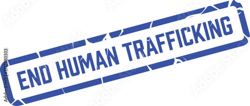 Blue distressed rubber stamp diagonally displays the important message to end human trafficking