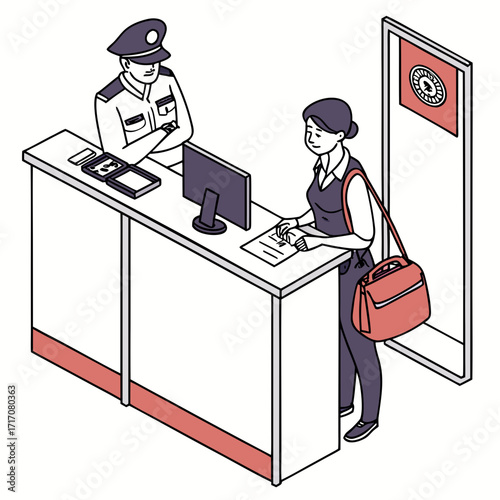 Woman at a reception desk with a security guard