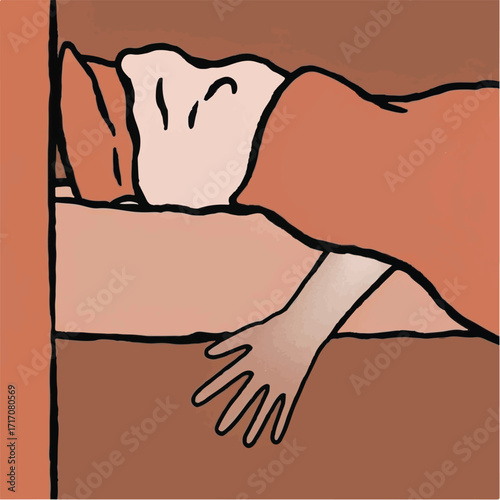 Minimalist Illustration of Person Sleeping with Arm Hanging Off Bed
