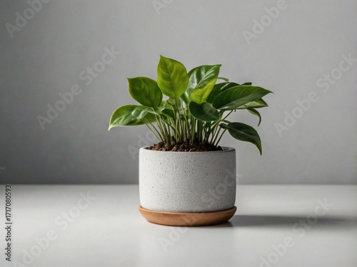 A small leafy plant in a minimalist pot, placed on a white background, representing eco-friendly and interior design concepts.