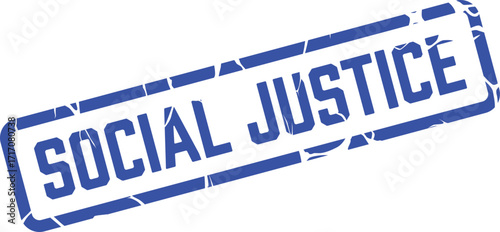 Blue rubber stamp conveys social justice message with an aged, distressed appearance on white