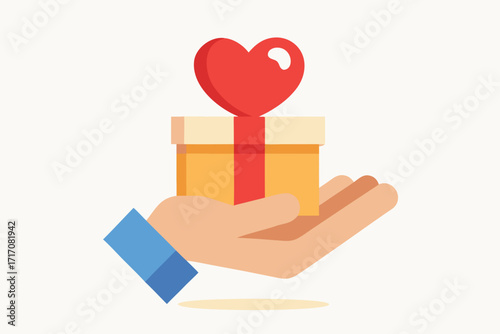 Cartoon Hand Holding Gift Box with Heart, Love and Generosity Concept