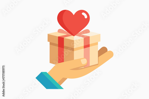 Cartoon Hand Offering Gift Box Topped with Red Heart for Love