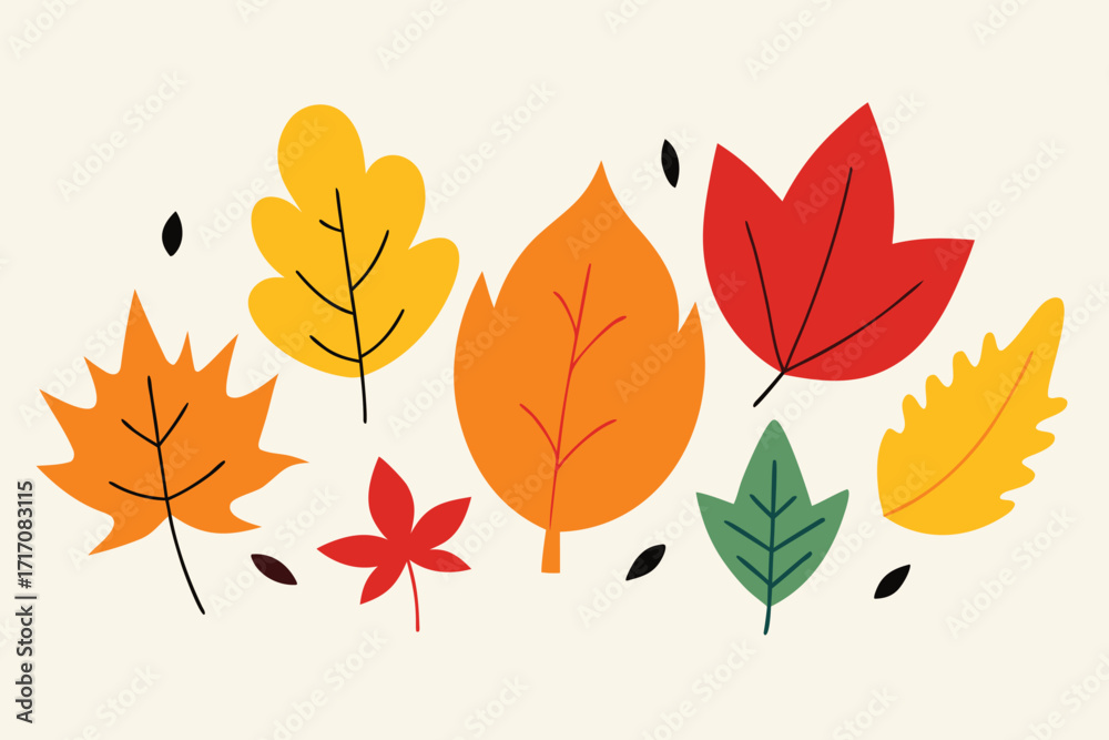 Obraz premium Colorful Autumn Leaves Arrangement Red, Orange, Yellow, and Green Botanical Flat Lay Illustration